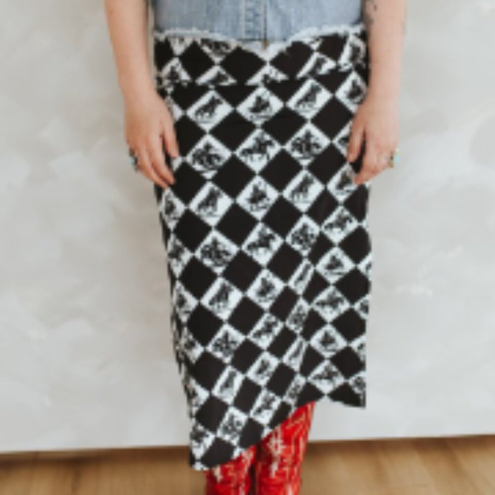 Black Western Checkered Printed Elastic Stretch Side Slit Skirt